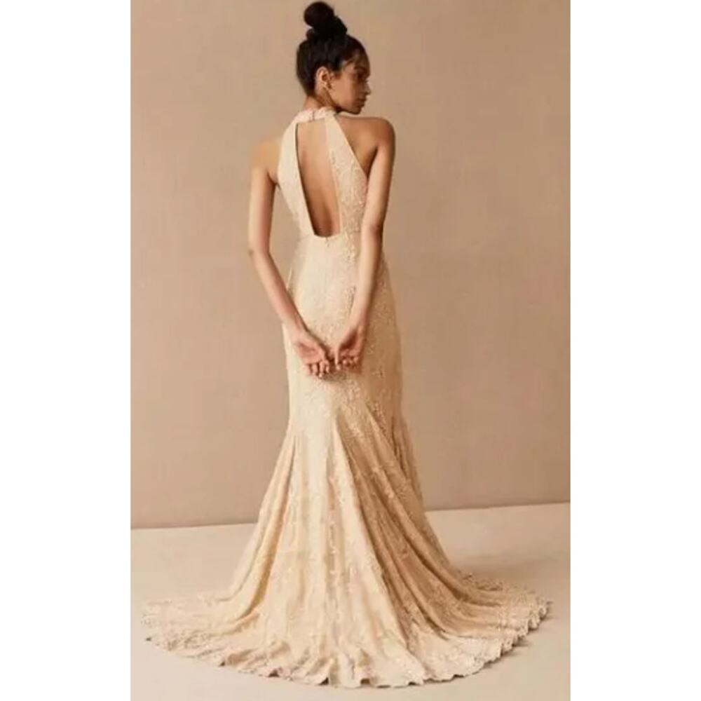 BHLDN Daisy Lace Halter Open Back Wedding Gown Champagne 10 NWT PRICE DROP - Picture 3 of 16